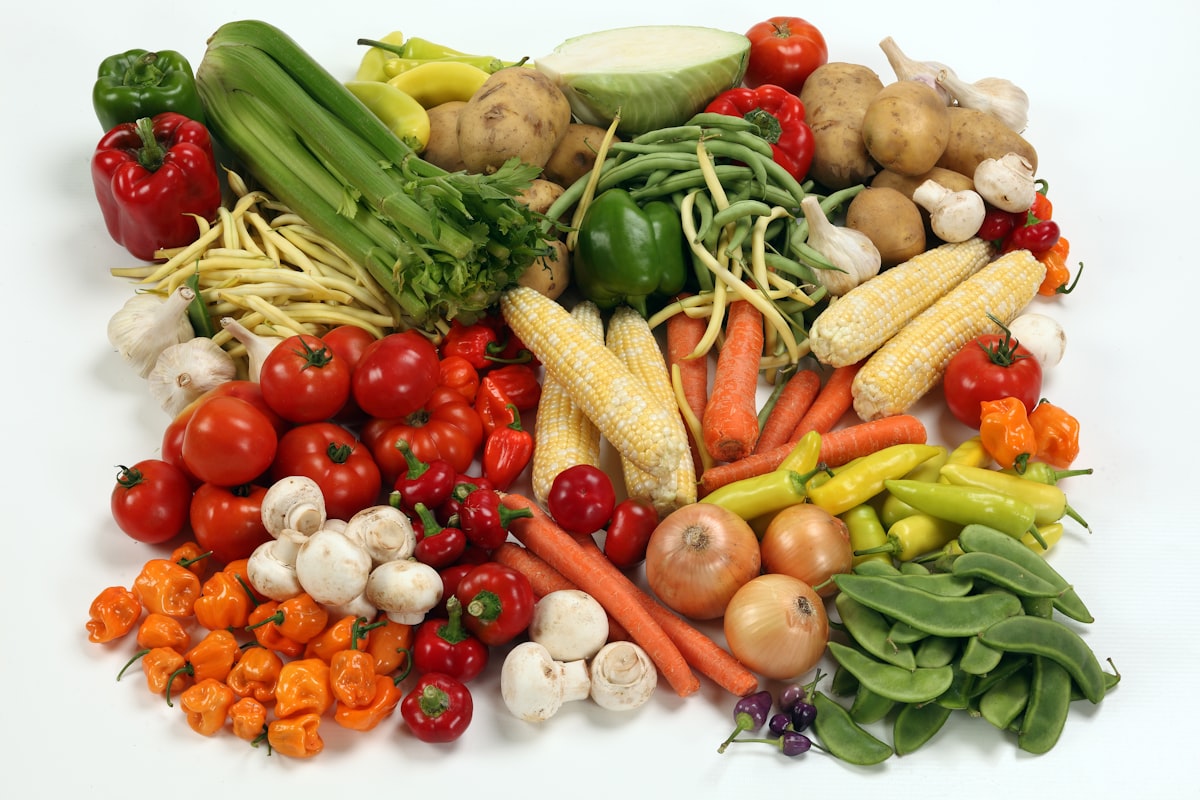 Healthy balanced food on a plate with colorful vegetables and whole grains